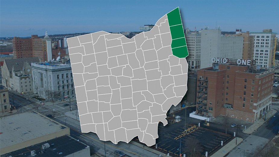 Map of Ohio highlighting the four-county region in Northeast Ohio with a Youngstown city backdrop