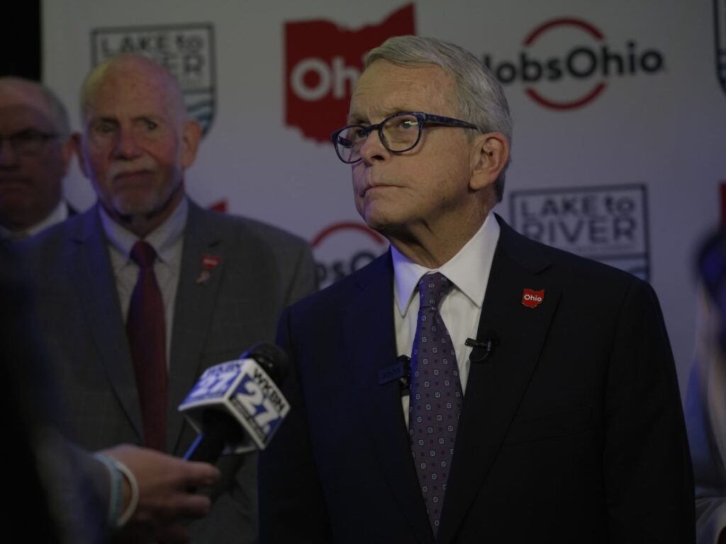 Mike Dewine speaking to reporters at a JobsOhio and Lake to River economic development press event