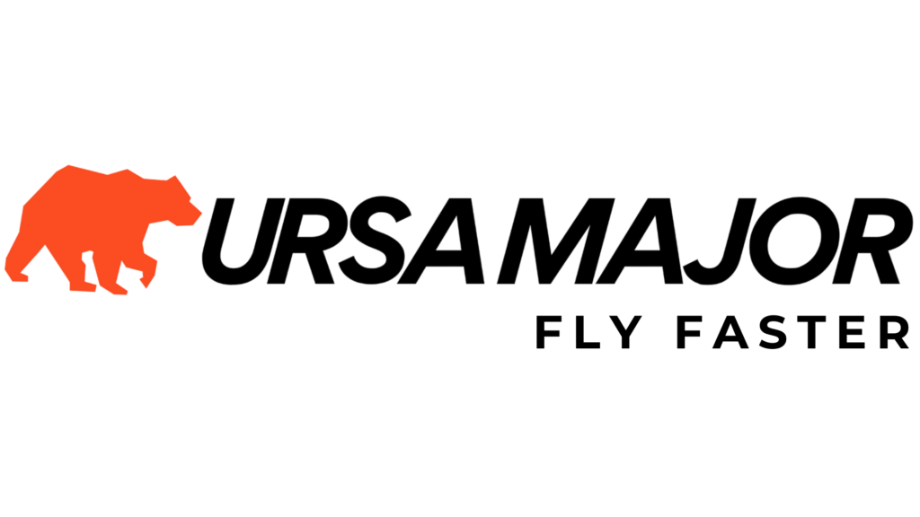 UrsaMajor Fly Faster logo in black with a red bear icon