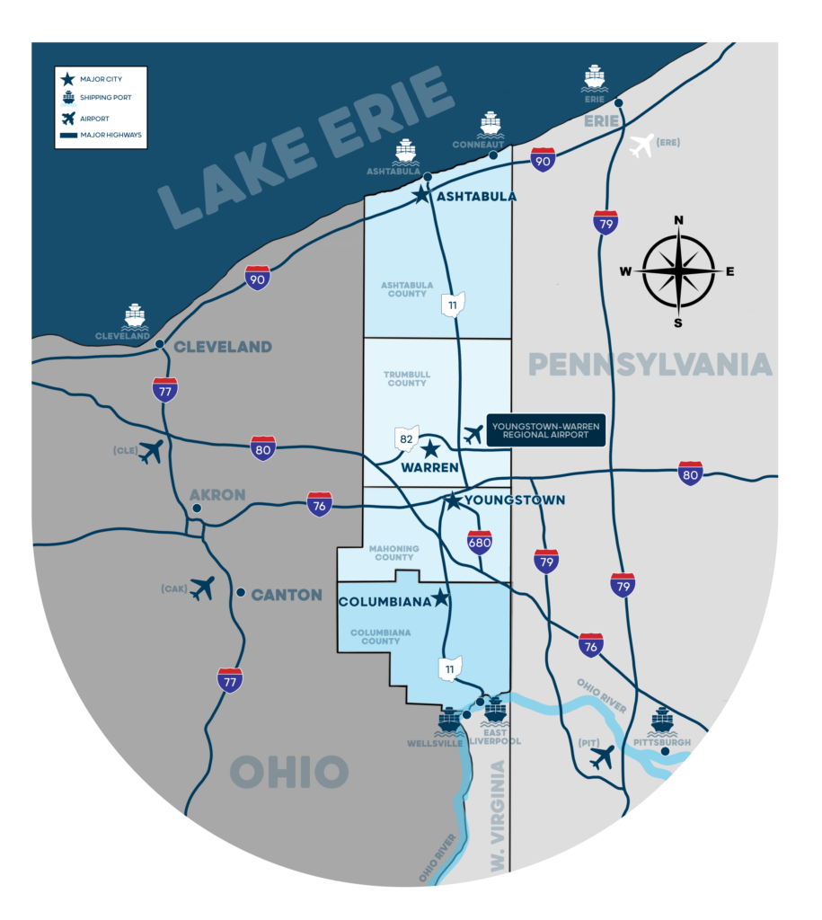 Map of Ashtabula, Trumbull, Mahoning, and Columbiana counties, showing the major/state routes running through those areas, including State Route 11
