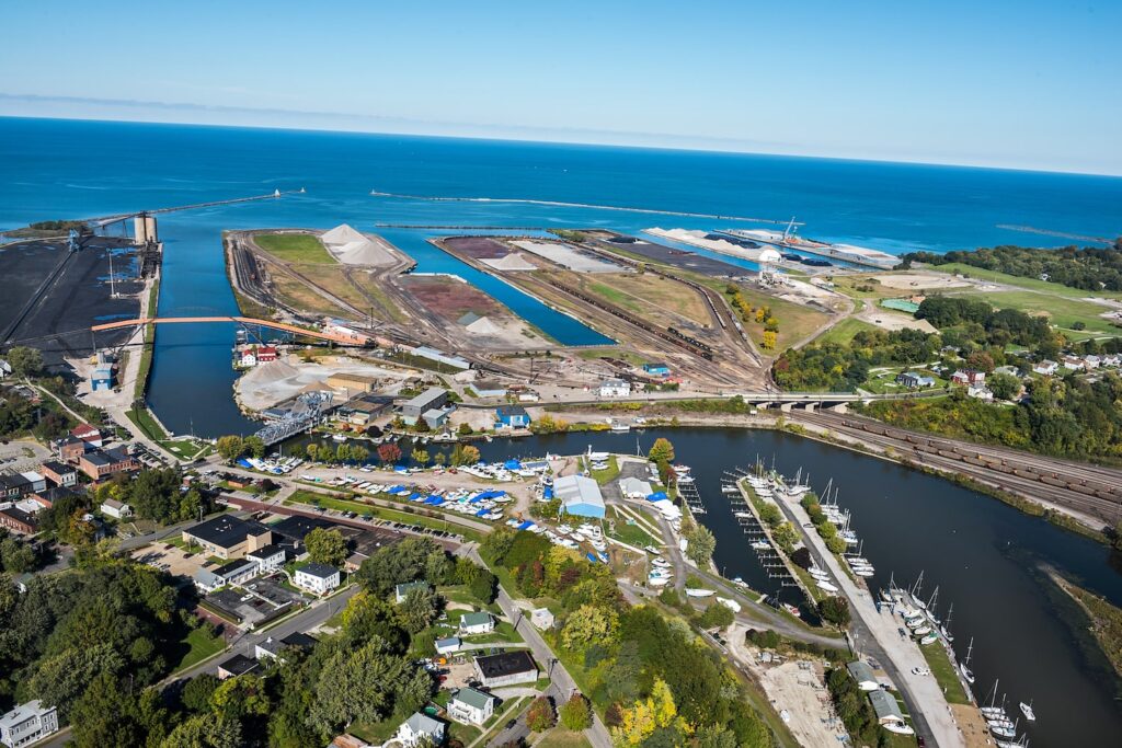 Ashtabula Harbor birdseye view with waterways, homes, and businesses